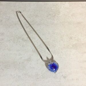 Blue flower heart on silver chain necklace